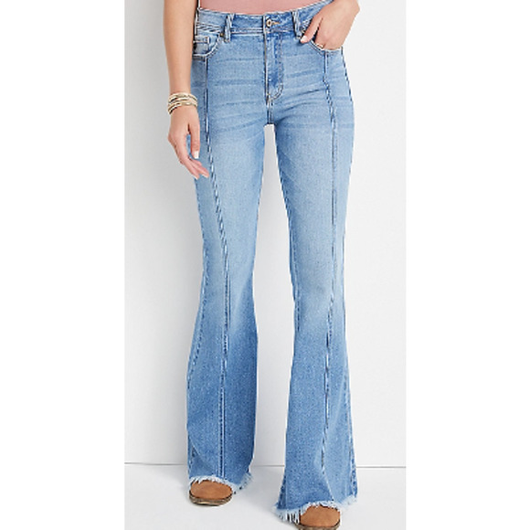KanCan Denim - Kancan Maurice’s Flare High Rise Front Seam Jeans Women's Sze 27 Blue Frayed Hem
